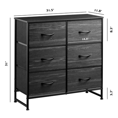 WLIVE Fabric Dresser for Bedroom, 6 Drawer Double Dresser, Storage Tower with Fabric Bins, Chest of Drawers for Closet, Living Room, Hallway, Charcoal Black Wood Grain Print