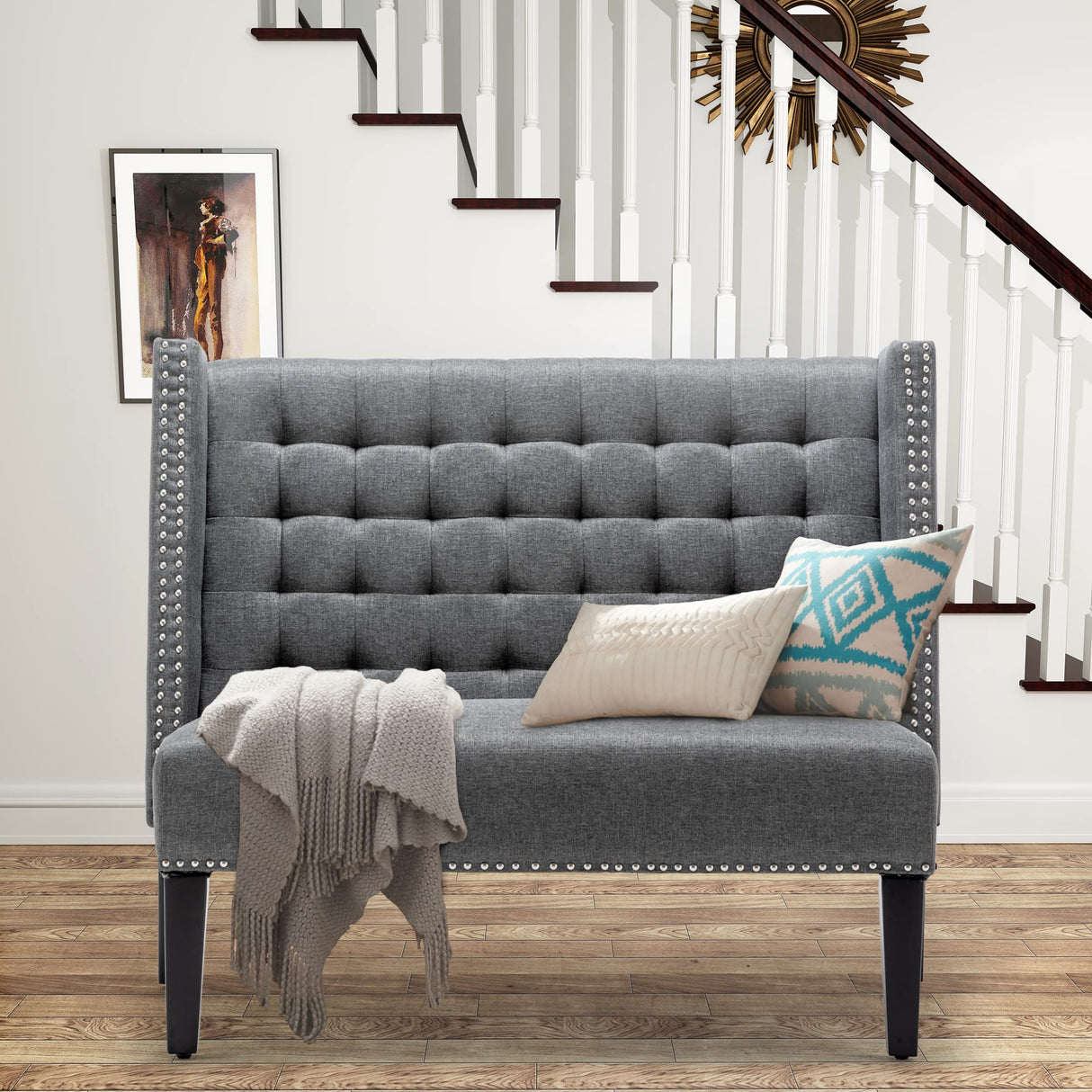 46" Small Modern Loveseat Settee Sofa 2-Seat Sofa Couch Tufted Love Seat Dining Bench with Nail Head Trim Back Banquette Sofas for Living Room Small Space Entryway Hallway Slate Tongli
