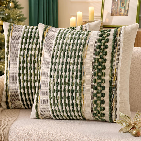 ANRODUO Pack of 2 Boho Decorative Throw Pillow Covers 18x18 Farmhouse Cushion Case Striped Chenille Pillow Cases Square Pillow Covers Accent Neutral Pillowcase for Sofa Couch Bed, Olive Green Stripe ANRODUO