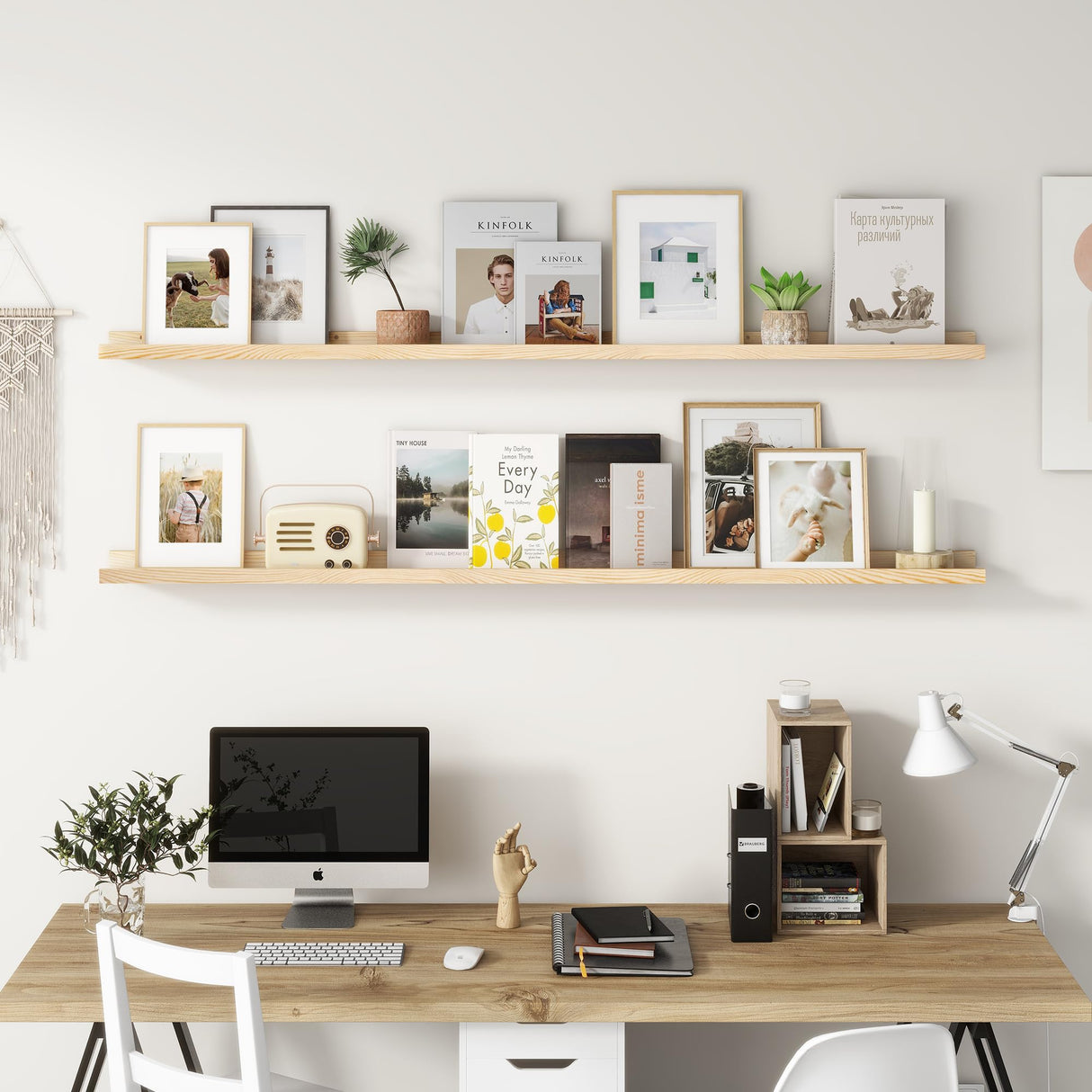 Picture Ledge Shelf, Floating Shelves Set of 2, Solid Pine Wood 72'' Long Large Nursery Book Shelves for Toys Storage, Kids Bookshelf for Living Room Bedroom Decor Books Photo Frames, Natural FLYJOE