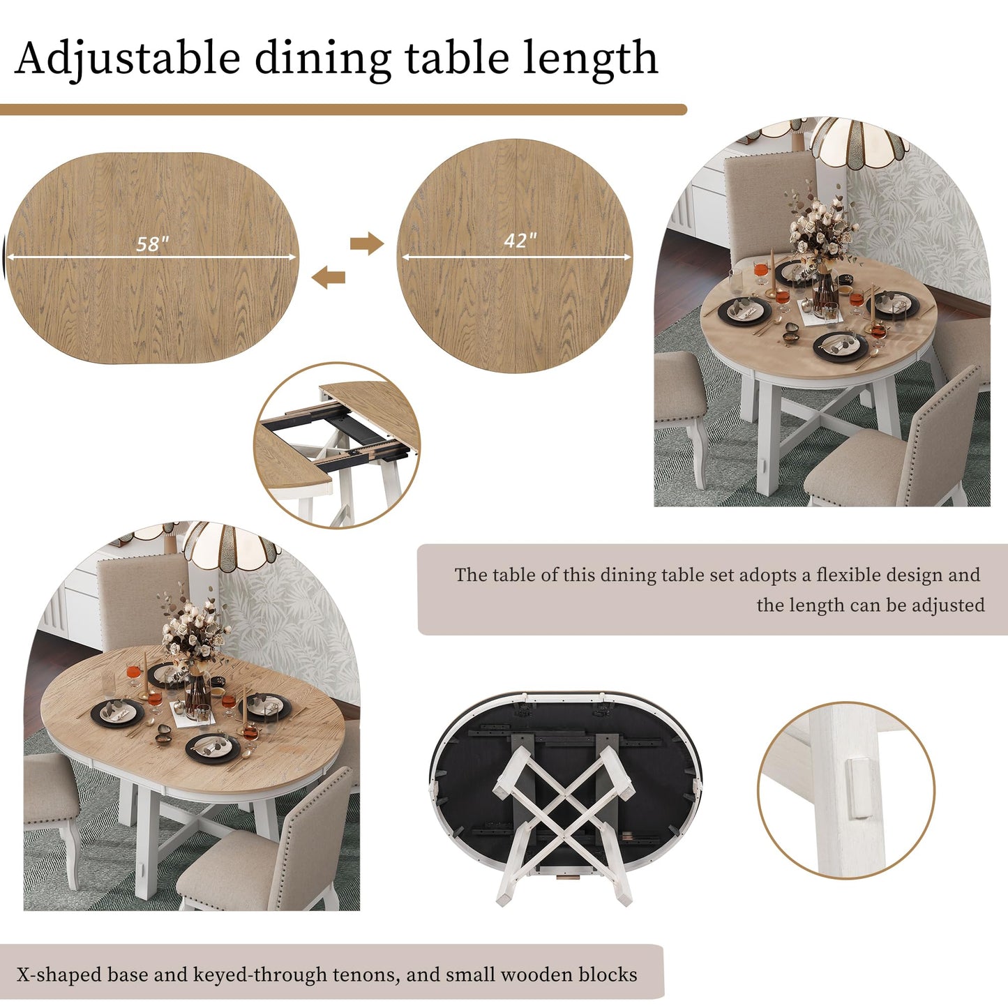 Bellemave Round Dining Table, Wood Extendable Kitchen Table with 16" Leaf, Round Top Tabletap and X Trestle Pedestal Base for Dining Room, Kitchen, Oak Natural Wood and Antique White Dinner T - WoodArtSupply