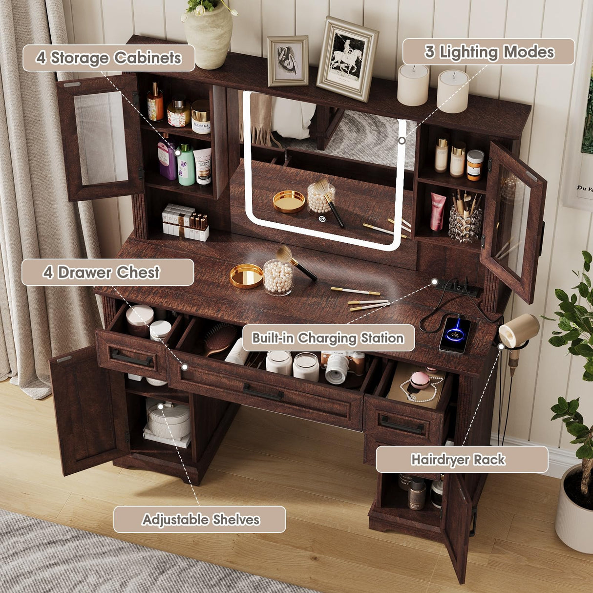 Maupvit Farmhouse Vanity Desk with Mirror and Lights, Makeup Vanity Table with Charging Station, 45" Bedroom Table with 4 Drawers and Cabinets, 3 Lighting Modes, Brown Maupvit