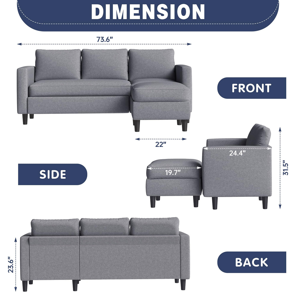 Shintenchi Small Sectional Sofa Couch, 3 Seat L Shaped Couches with Ottoman, Upholstered Fabric Convertible Sofa, Small Couch for Apartments, Living Room and Office (Dark Grey) Shintenchi