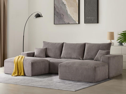 Sectional Modern Sleeper Sofa Couches for Living Room-113'' Grey 3 Seater U-Shaped Lounge Cloud Couch-No Assembly Modular Corduroy Convertible Sponge Compression Sofas with Chaise for Home House