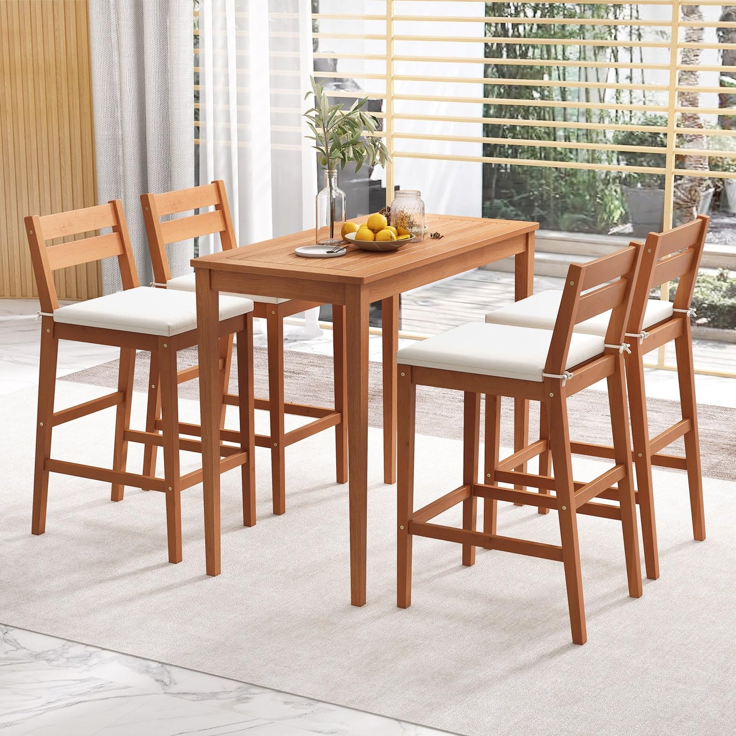 Tangkula Outdoor Eucalyptus Wood Bar Set with Cushions - 5-Piece Patio Bistro Dining Set