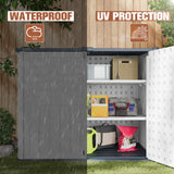 TUOZE 34 Cu Ft Resin Storage Shed with 2 Shelves, Waterproof Outdoor Storage Cabinet with Sloping Roof & Lockable Lid for Garden Tools, Trash Cans (Beige) Tuoze