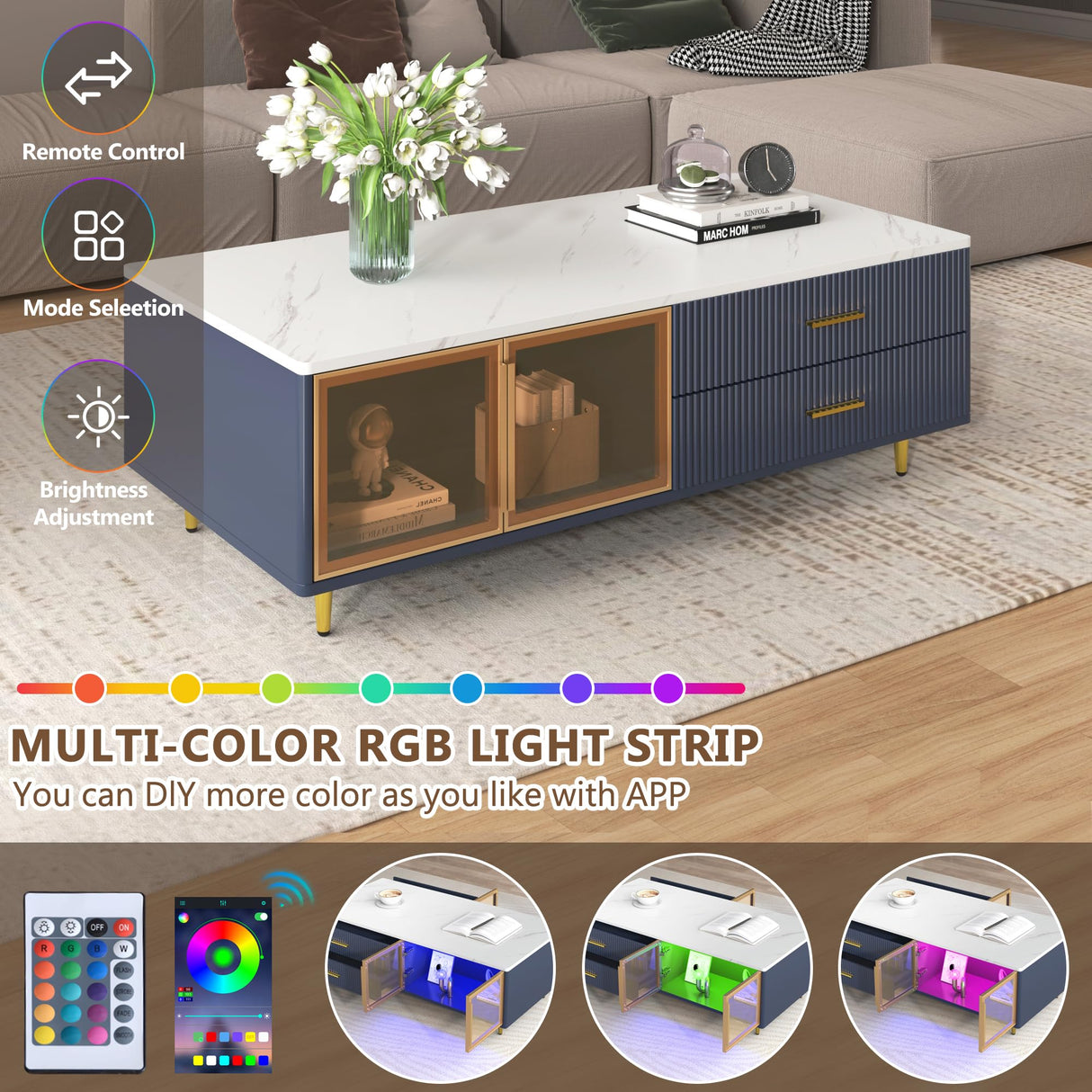 Modern Coffee Table with Glass Doors Storage, 47.2" Large Multi-Color Led Coffee Table with 4 Drawers and Gold Metal Legs, Wooden Rectangle Tea Table Center Table for Living Room, Navy Blue cloblane