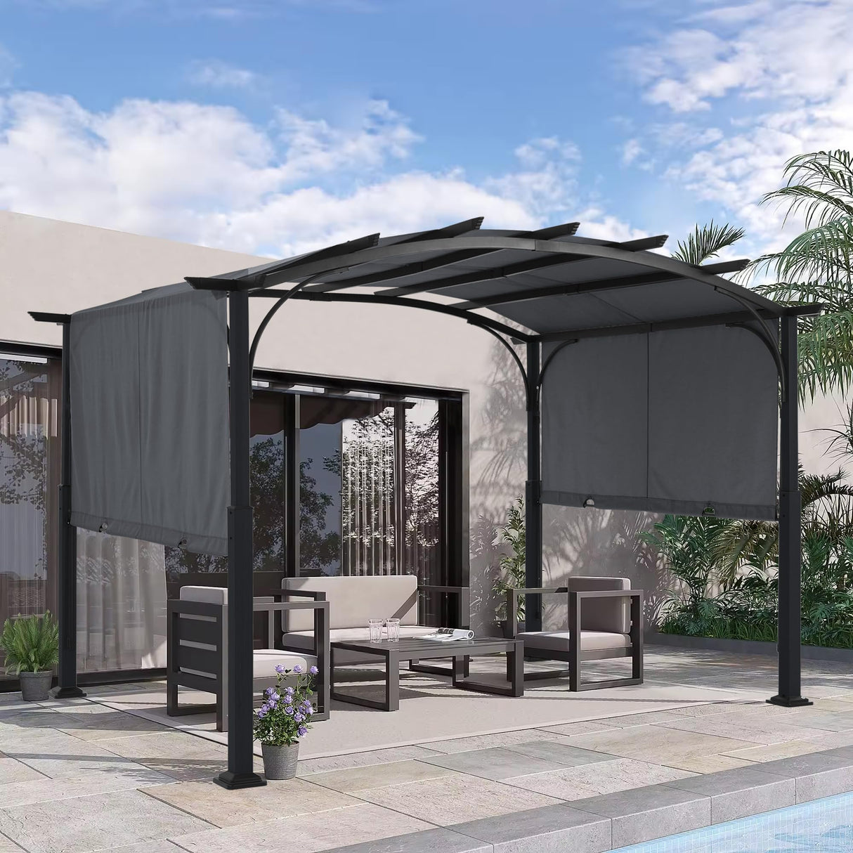 MASTERCANOPY 10x10ft Outdoor Retractable Pergola with Sun Shade Canopy Patio Metal Garden Pergola,Dark Grey MASTERCANOPY