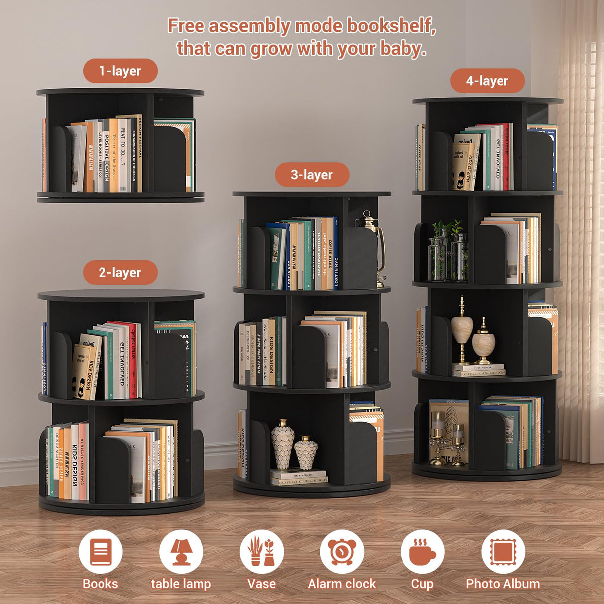 Besiost 360° Rotating 4-Tier Black Corner Bookshelf for Small Spaces Besiost