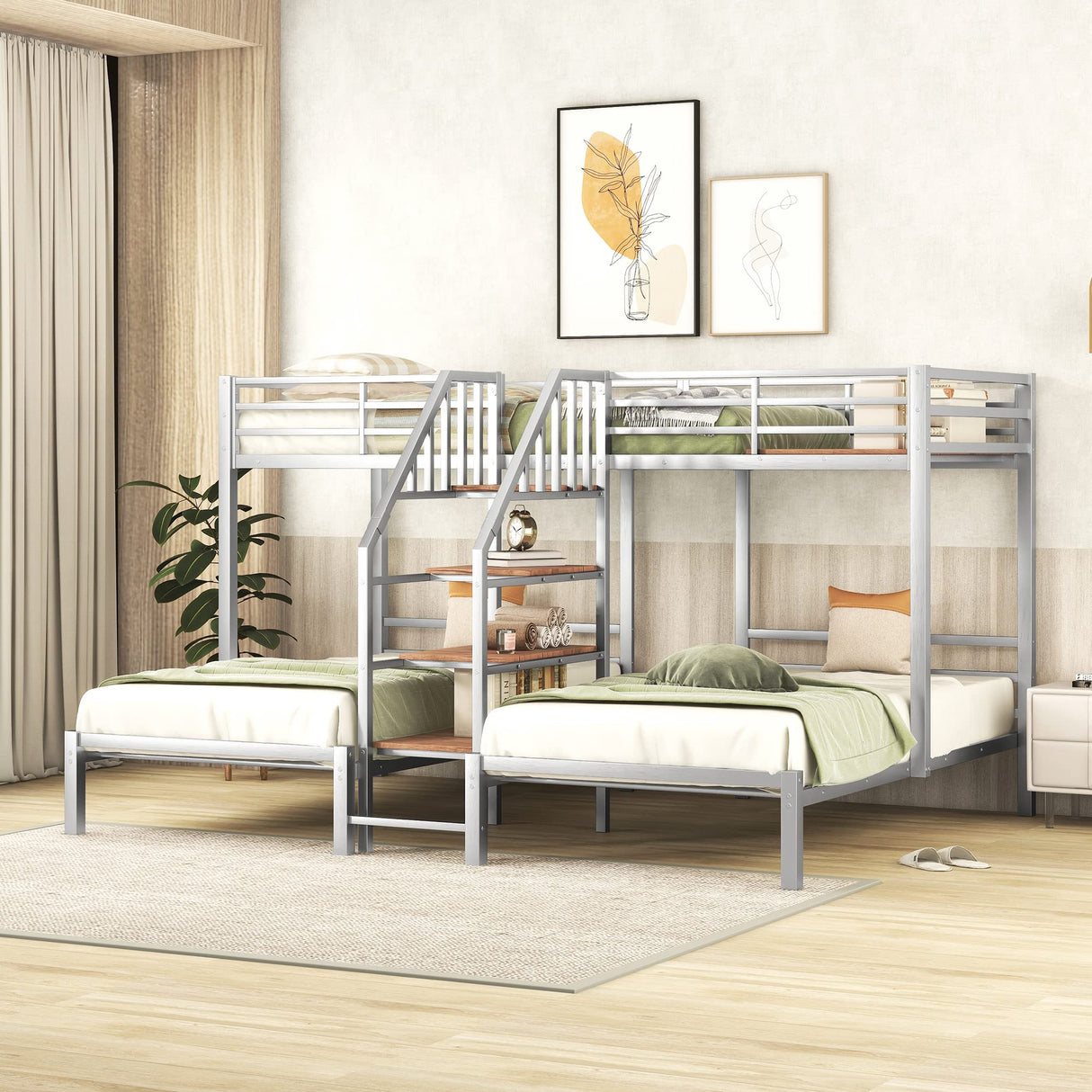 Harper & Bright Designs Metal Triple Bunk Bed with Stairs, 3 Beds Bunk Bed, Twin Over Twin & Twin Bunk Bed with Storage Shelves Staircase, for Kids Teens Adults, Silver Harper & Bright Designs