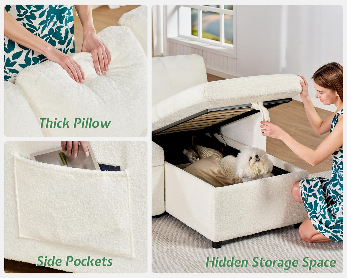 AMERLIFE Sleeper Sofa, 2-in-1 Sofa Bed with Storage Chaise, Pull Out Sofa Couch for Living Room, Guest Room, Boucle White AMERLIFE