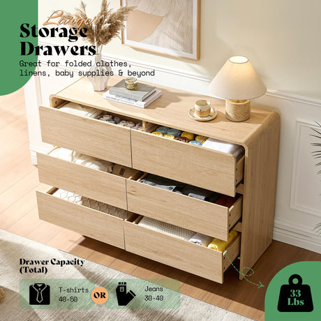 AMERLIFE 6 Drawer Dresser for Bedroom, 49" Wide Modern Chest of Storage Drawers with Rounded Corners, Anti-Tip Kit, Wood Cabinet Organizer for Closet, Living Room, Nursery, Easy Assembly, Light Oak AMERLIFE