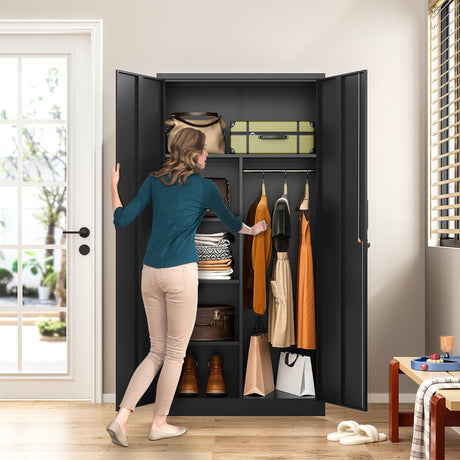 Wide & Deep Metal Storage Cabinet with Hanging Rod,Black Broom Closet Storage Cabinet with Lock,72" Tall Wardrobe Cabinets with Doors and Shelves,Locking Steel Tool Cabinets for Home,Office,Garage SISESOL