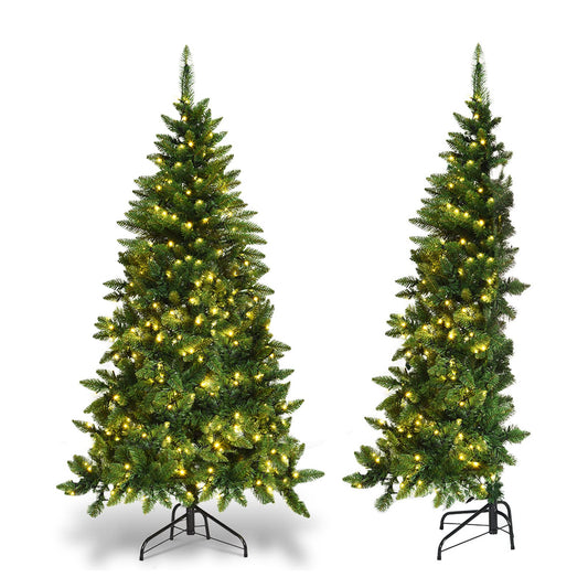 Goplus 5ft Prelit Half-Shape Christmas Tree, Premium 290 PVC Needles Artificial Tree, with 250 LED Lights, Metal Stand, for Xmas Indoor Decoration