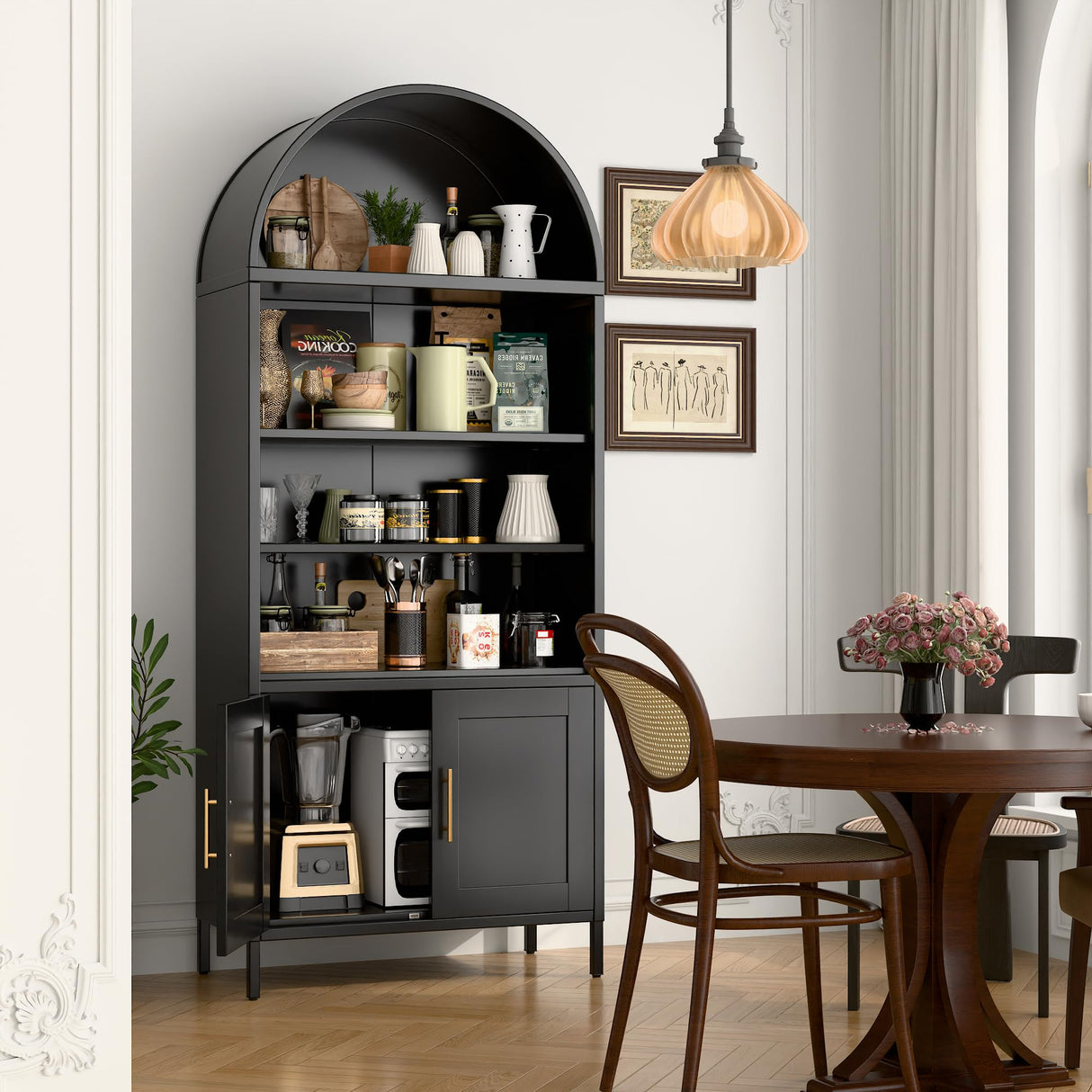 VEXPOR 73 in Tall Metal Arched Cabinet, 5-Tier Arched Bookcase with Doors, Modern Farmhouse Bookshelf with 2 Adjustable Shelves, Kitchen Pantry Cabinet for Living Room, Black, Assembly Required VEXPOR