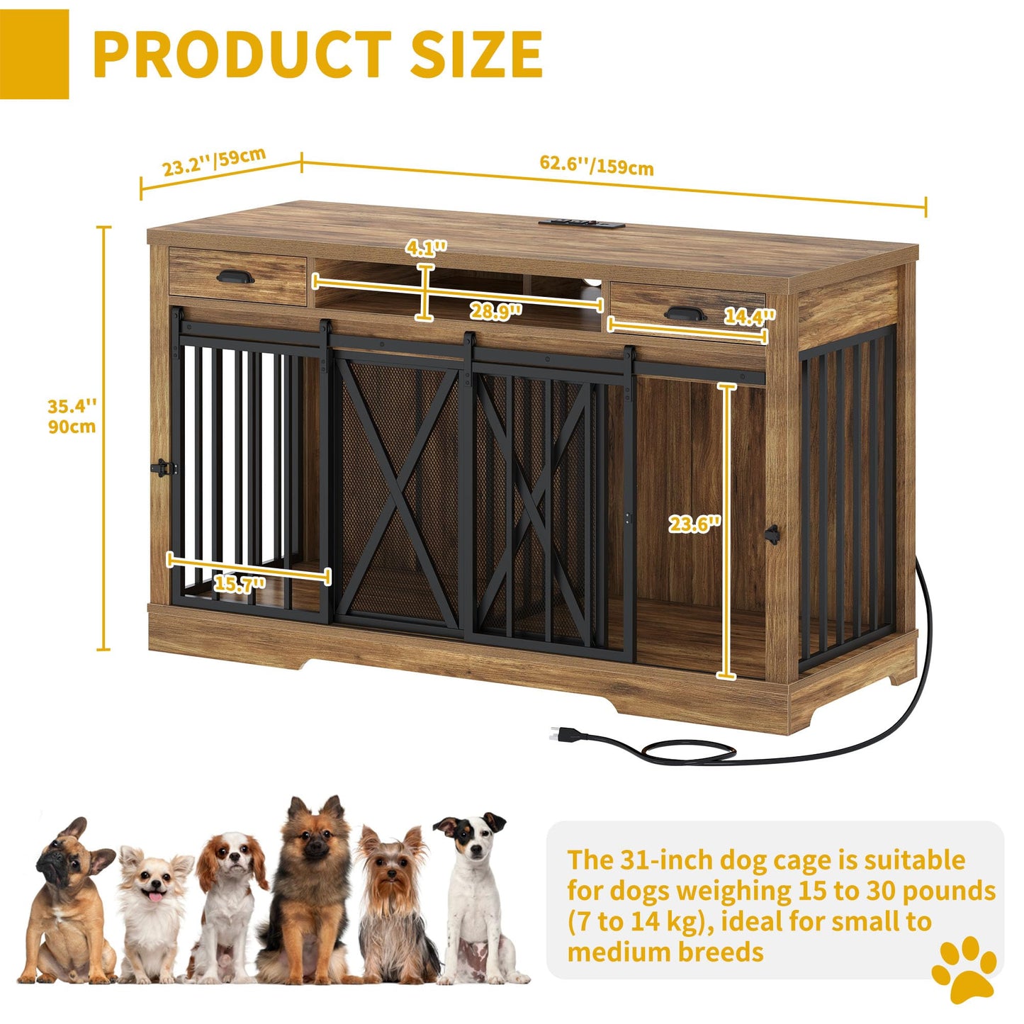 DWVO 63 Inch Double Dog Crate Furniture for 2 Dogs, Heavy Duty Wooden Dog Crate TV Stand with Charging Station, Dog Kennel Indoor Furniture Double Sliding Barn Door Design Ideal for 2 Dogs, Oak