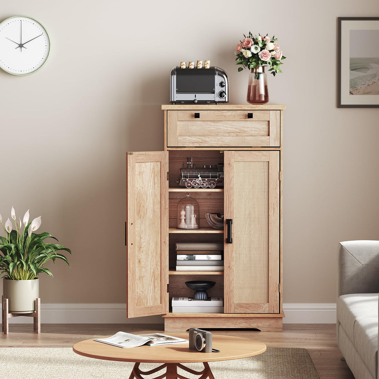 HOOBRO Pantry Cabinet, Kitchen Pantry Cabinet with Rattan-Like Decoration,Storage Cabinet with Drawer and Adjustable Shelf, Farmhouse Style Kitchen Pantry for Kitchen, Dining Room, Natural NL12PC01 HOOBRO