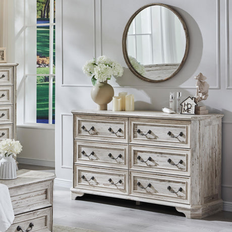 T4TREAM Farmhouse 6 Drawers Dresser for Bedroom, 54" Wide Wood Rustic Chest of Drawers with Natural Texture, Vintage Design, Storage Dressers Organizer for Bedroom, Living Room, Distressed White T4TREAM