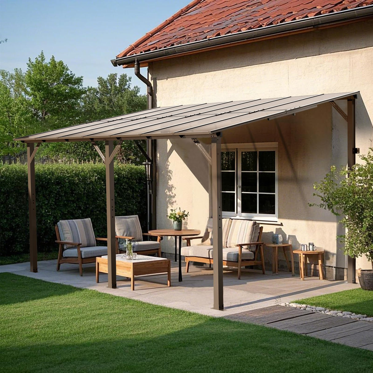 SUNCROWN 10'x14' Hardtop Gazebo, Wall-Mounted Gazebos Pergola, Outdoor Reclining Gazebos with Metal Frame, Lean to Gazebo Metal Awnings for Patio, Deck, Backyard, Porch, Lawns SUNCROWN