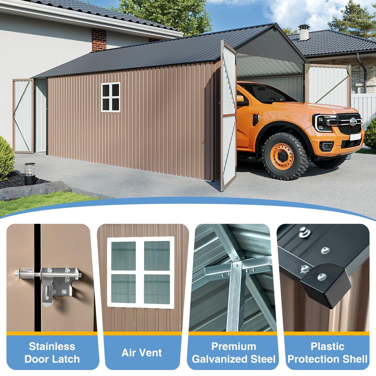 Breezestival 12x20ft Metal Carport Shed, Triple Door Outdoor Storage Building with Car Port Entry & Side Door, 700 cu ft Utility Shed with 11" Snow Load Capacity for Garden, Vehicle, Bike Storage Breezestival