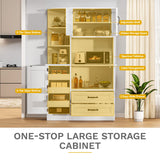 DWVO Kitchen Pantry Storage Cabinet, 64" H Kitchen Hutch Cabinet with Power Outlet, Sliding Racks with Door, Drawers with Doors and 3-Tier External Shelves for Living Room, Dining Area (White) DWVO