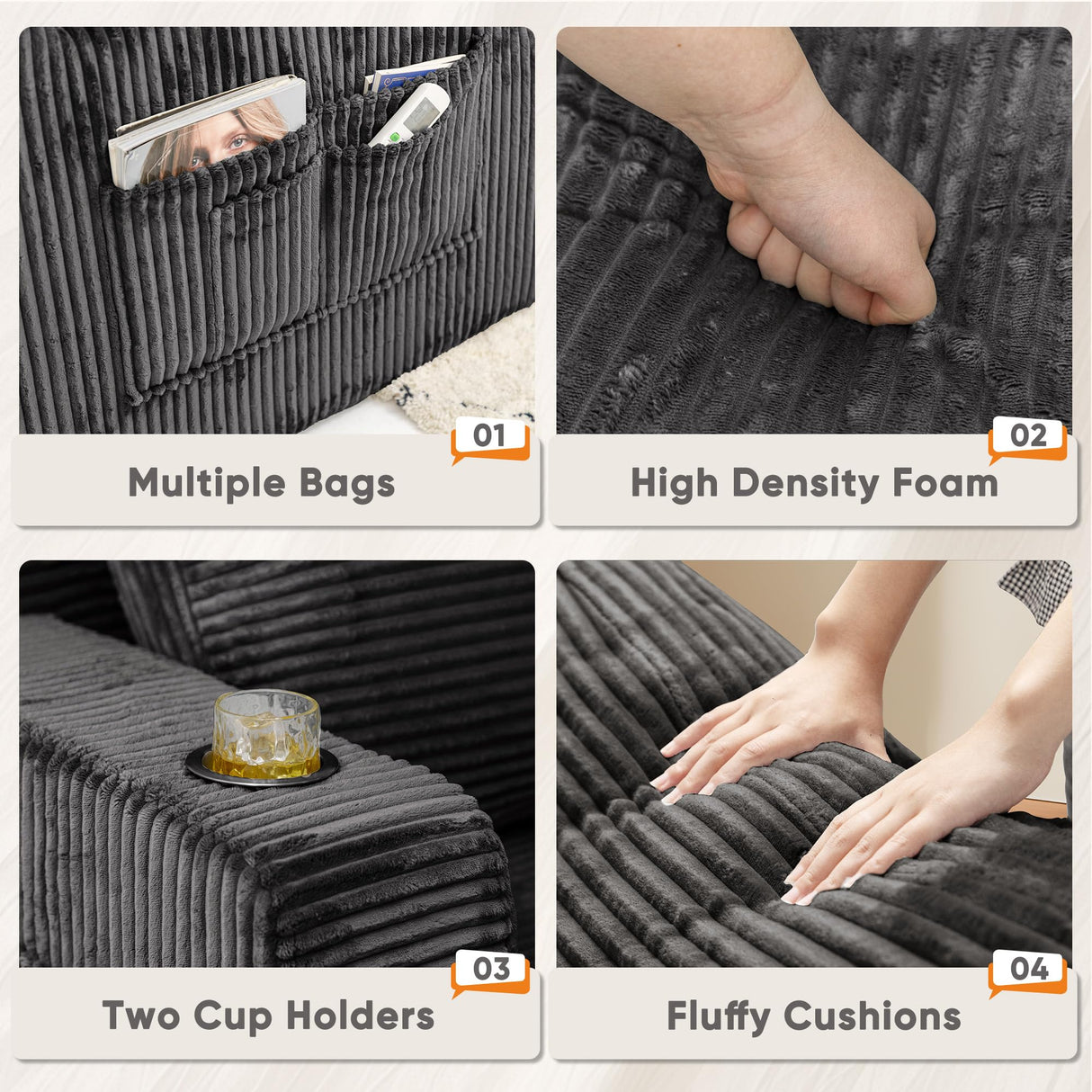 Homall Oversized Chaise Lounge Chair, Cloud Couch with Fluffy Upholstered, Deep Seat Sleeper Sofa Bed with Two Cup Holders, Comfy Boneless Couch No Assembly Required for Living Room, Apartment (Black) Homall