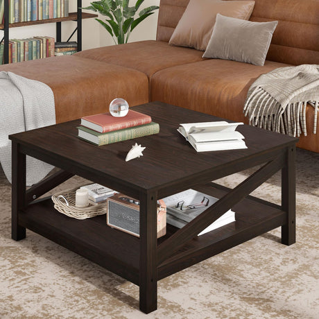 DWVO Coffee Tables with Storage, Farmhouse Coffee Table for Living Room, Square Coffee Table 2-Tier Center Table with Open Storage Shelf, Wood Small Cocktail Table, Espresso DWVO