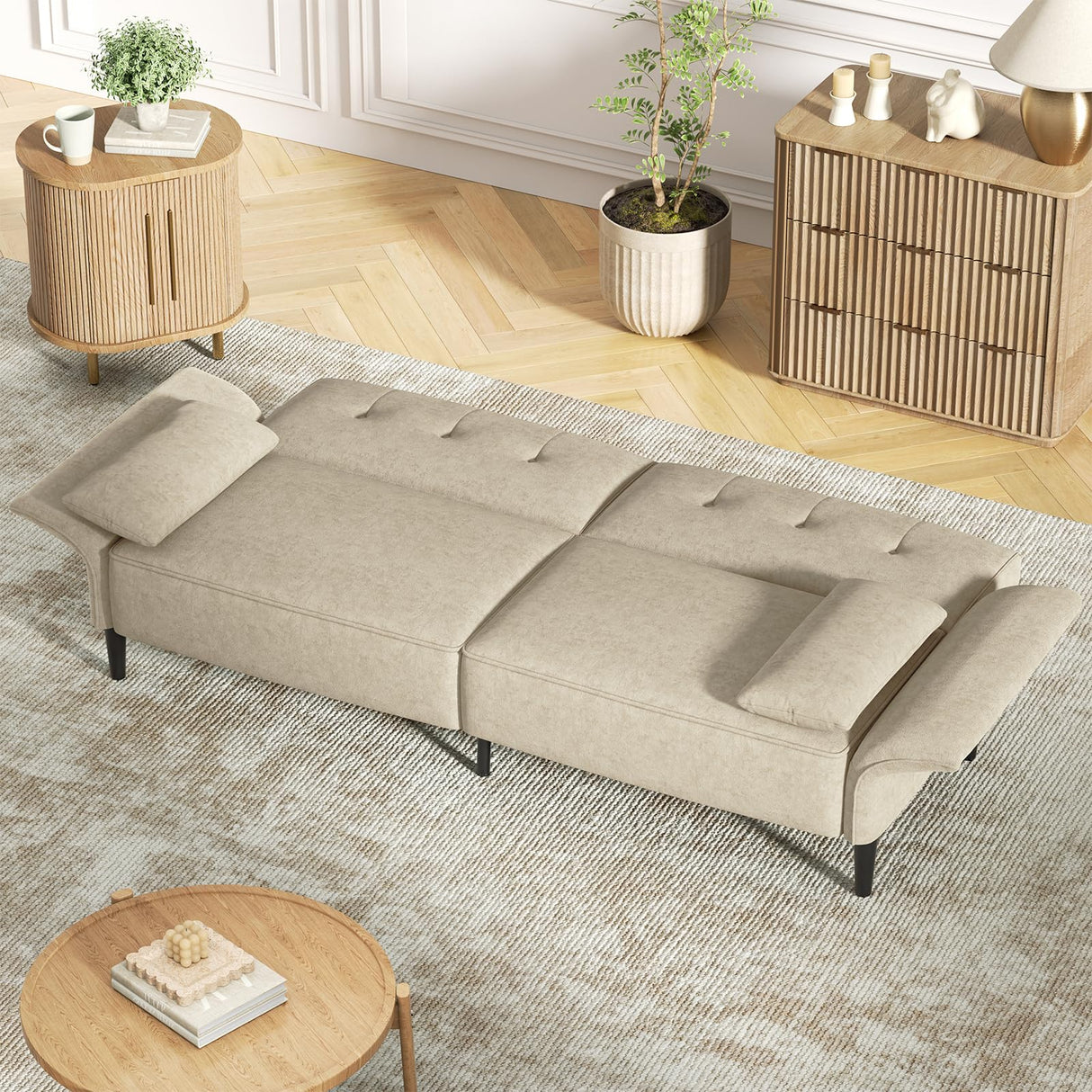 COPIAE 89” Futon Sofa Bed, Velvet Fabric Comfy Futon Couch Bed with 2 Square Pillows, Convertible Sleeper Sofa with Adjustable Backrest& Armrests, Modern Loveseat Sleeper for Living Room, Beige COPIAE