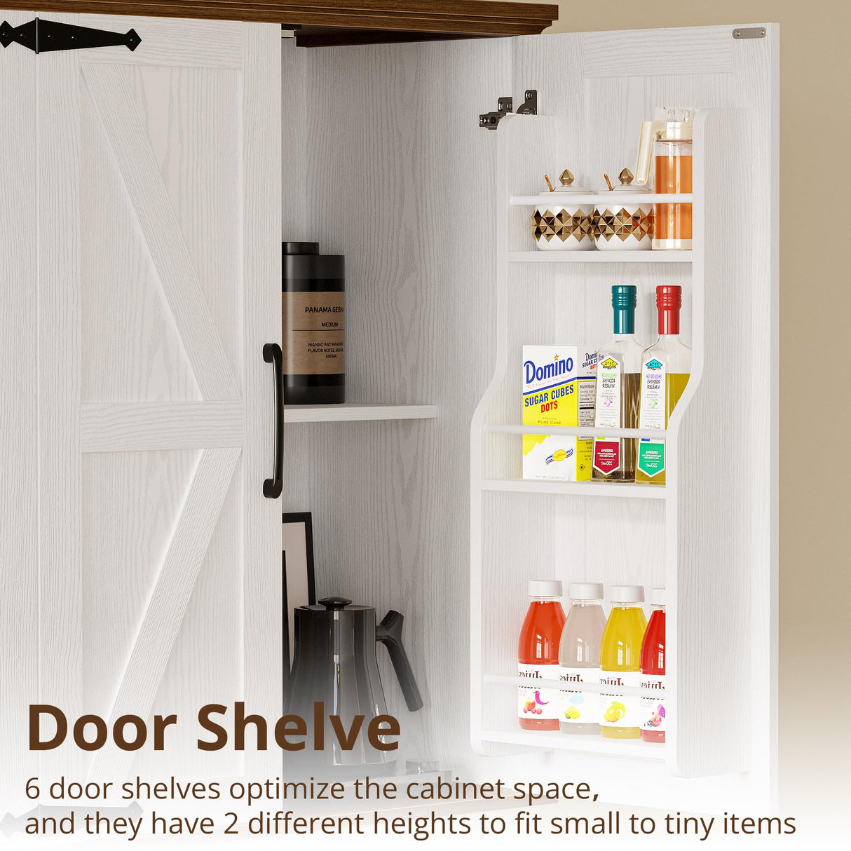 IRONCK Farmhouse Kitchen Pantry Cabinet, Tall Storage Cabinet with 6 Hanging Shelves and Adjustable Shelves, Freestanding Cupboard with Barn Doors for Kitchen, Dining Room， White/Walnut IRONCK