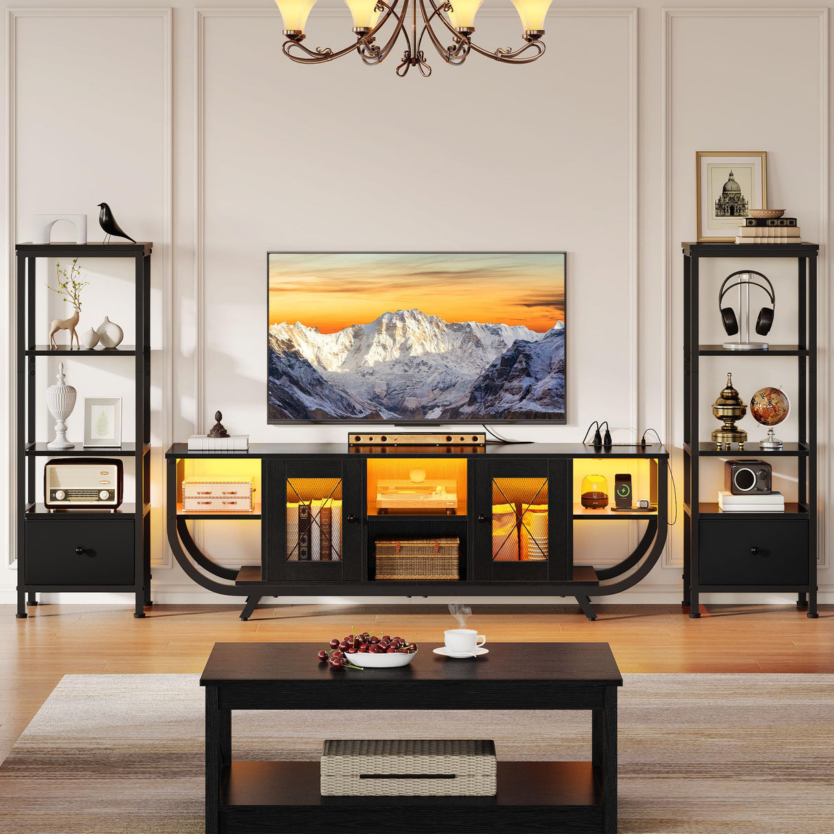 YITAHOME TV Stands for Living Room, LED TV Stand for 65 inch TV Entertainment Center with 2 Bookshelves, Modern Farmhouse TV Console Cabinet with Power Outlets, Black YITAHOME