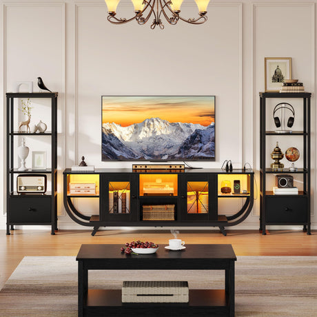 YITAHOME TV Stands for Living Room, LED TV Stand for 65 inch TV Entertainment Center with 2 Bookshelves, Modern Farmhouse TV Console Cabinet with Power Outlets, Black YITAHOME