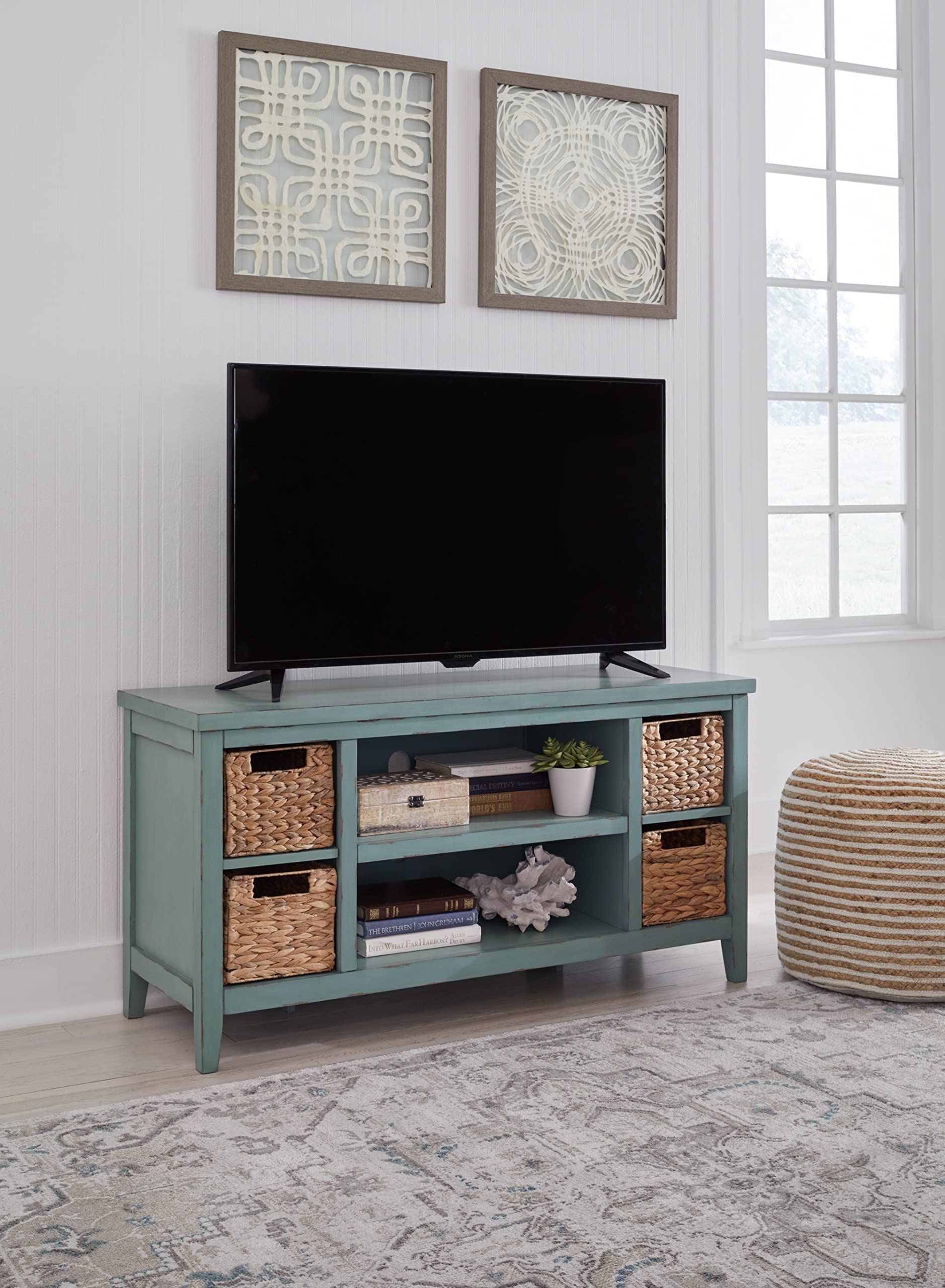 Signature Design by Ashley Mirimyn Casual TV Stand for TVs up to 54" with 4 Baskets and 3 Adjustable Shelves, Green & Light Brown - WoodArtSupply