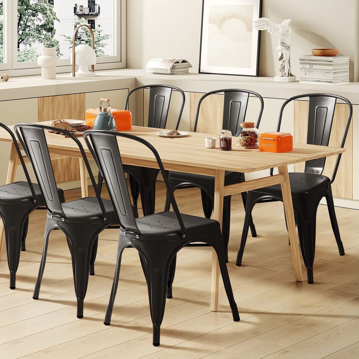 Furmax Metal Dining Chair Indoor-Outdoor Use Stackable Classic Trattoria Chair Chic Dining Bistro Cafe Side Metal Chairs Set of 4 (Black) Furmax