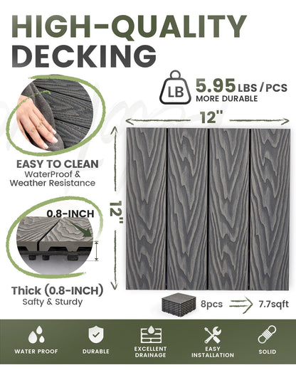 Keloteven Plastic Interlocking Deck Tiles - 12" x 12" Waterproof Deck Tiles - 8 Pack Patio Flooring Tiles for Porch Poolside Balcony Backyard - All Weather Use Floor Tile DT-GY-8P