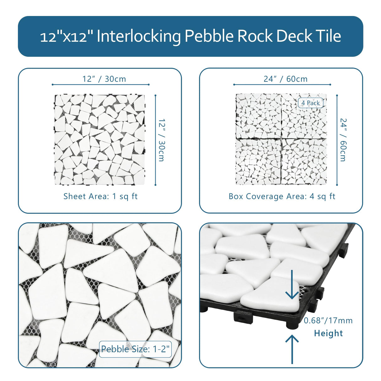 SUNWINGS 4PCS Natural Stone Interlocking Deck Tiles 12"x12" Pebble Waterproof Patio Deck, Outdoor Indoor Floor Decking Tiles for Porch Poolside Balcony Backyard, White sunwings