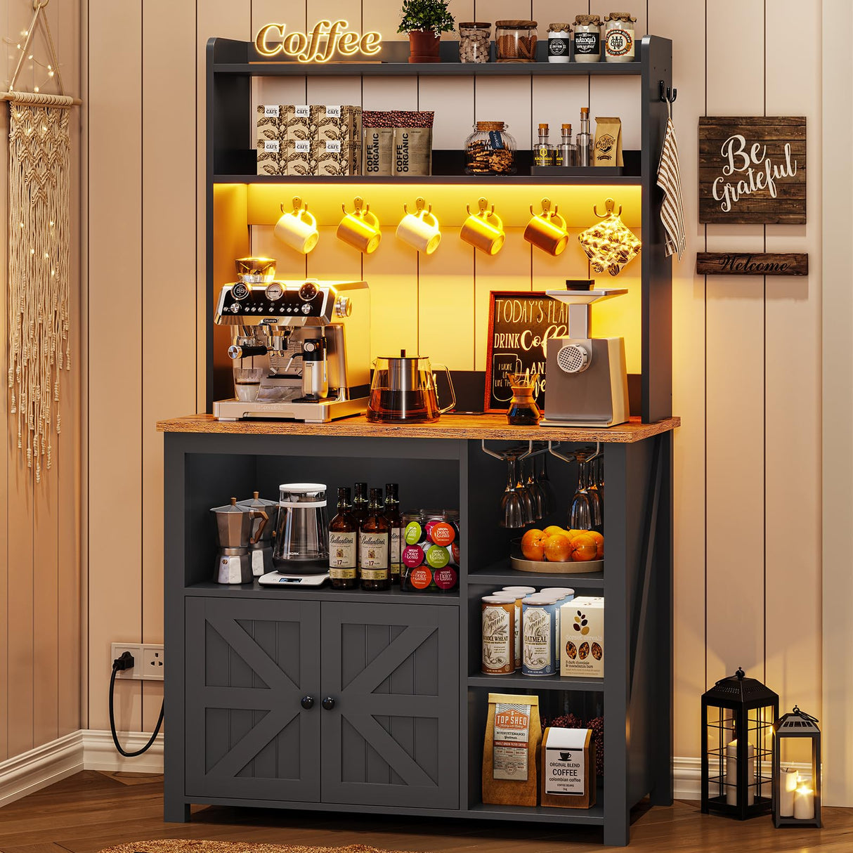 Itaar 35.4 inch Coffee Bar Cabinet, Bakers Rack with Power Outlet and Storage, Farmhouse Microwave Stand Kitchen Cabinet with Hutch, LED Lights, Wine Glass Holder and 8 Hooks, Black Itaar
