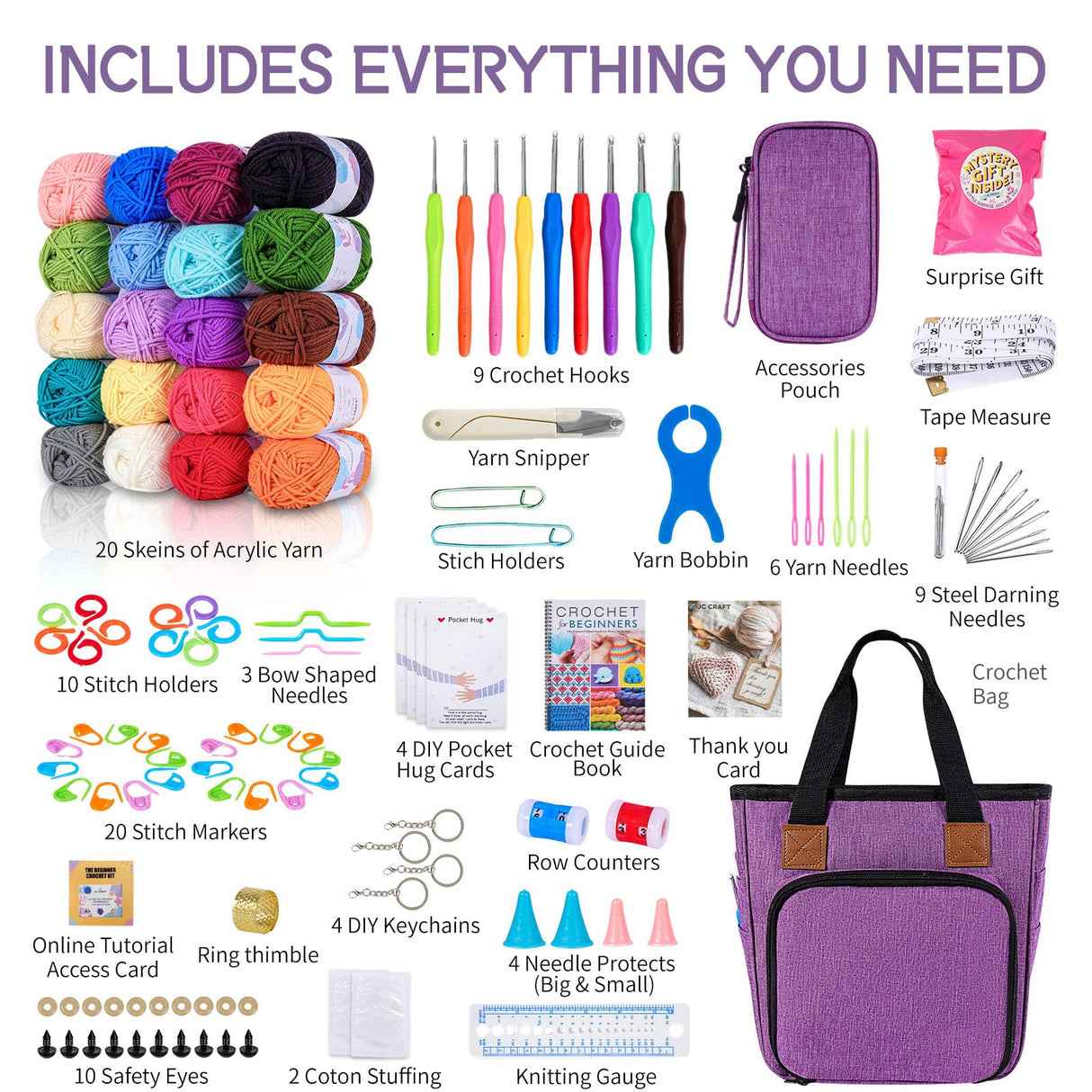 JC CRAFT Deluxe Beginner Crochet Kit – 116-Piece Set with 20 Yarns, Ergonomic Hooks, Accessories, Book for Beginners & Online Tutorial – DIY Starter Kit for Adults & Kids with Purple Bag & Case JC CRAFT