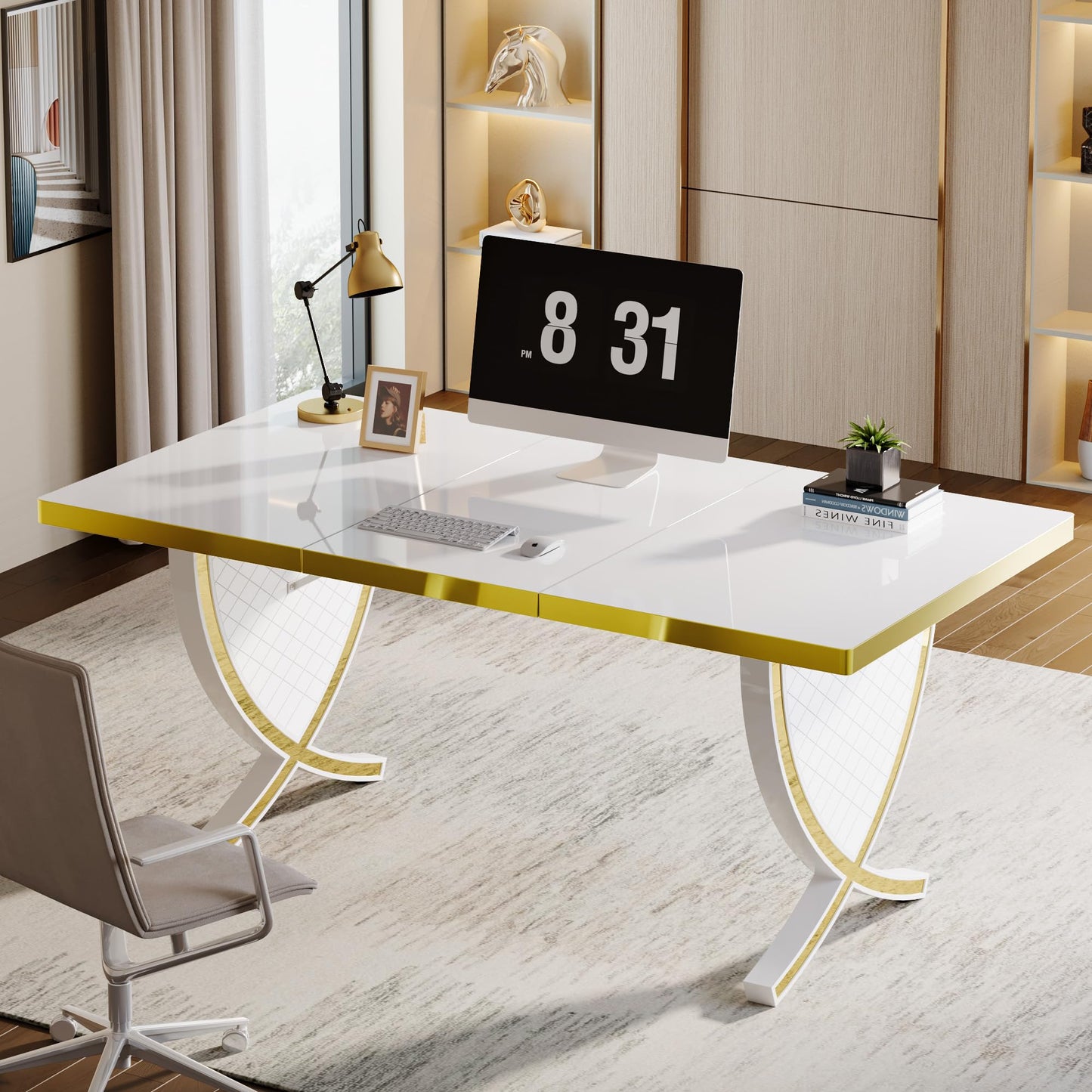 Tribesigns Luxury Modern Office Desk, White and Gold Large 63" Workstation, Elegant Executive Desk with High-Gloss Finish, Sturdy Metal Legs, Perfect for Home Office or Study