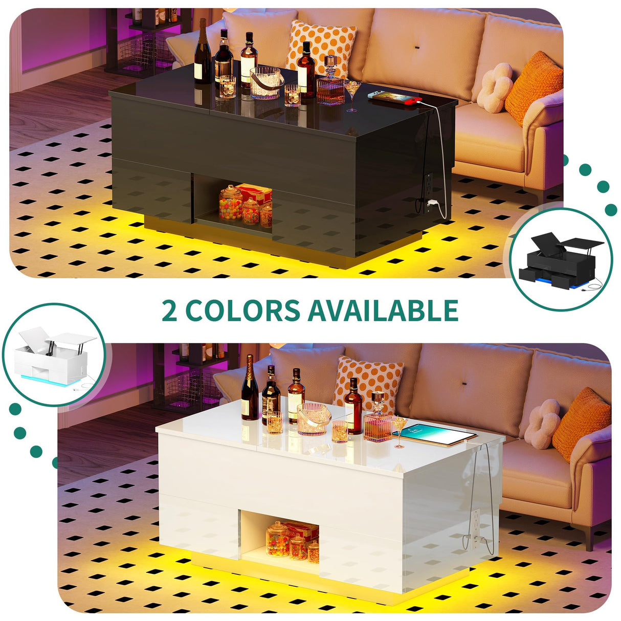 YITAHOME LED Lift Top Coffee Tables for Living Room with Power Outlets Charging Station, Modern Coffee Table with Storage 2 Drawers & Open Shelfs Rectangular Small Center Cocktail Table, Glossy Black YITAHOME