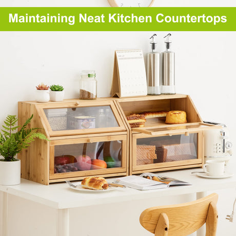 Farmhouse Bread Box for Kitchen Countertop Bread box Double Layer Bamboo Wooden Extra Large Capacity Bin Kitchen Food Storage Container(White) BMOSU