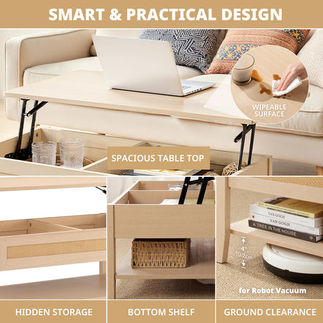 Ink+Ivy Wood Lift Top Coffee Table with Hidden Compartment and Large Storage Shelf, Boho Modern Rattan Dining Rectangle Center Table for Home Living Room Office, 34.5" W, Natural INK+IVY