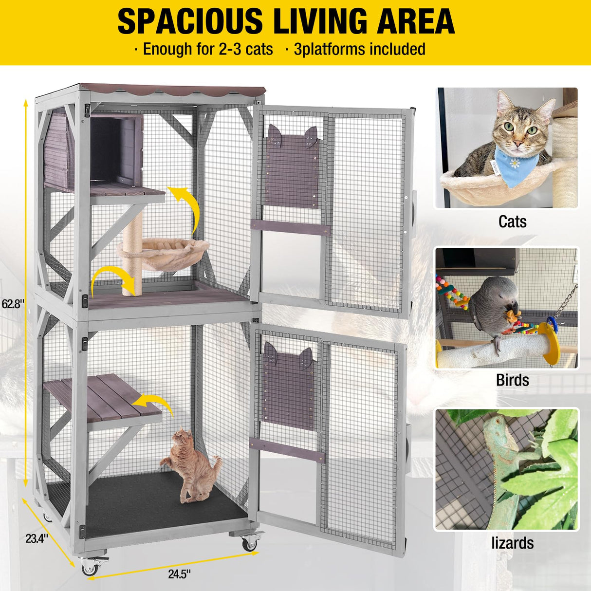 Cat House Outdoor Catio for Catis Mobile Enclosures on Wheels Large Cat Cage with Waterproof Cover,Resting House,62.8" Aivituvin