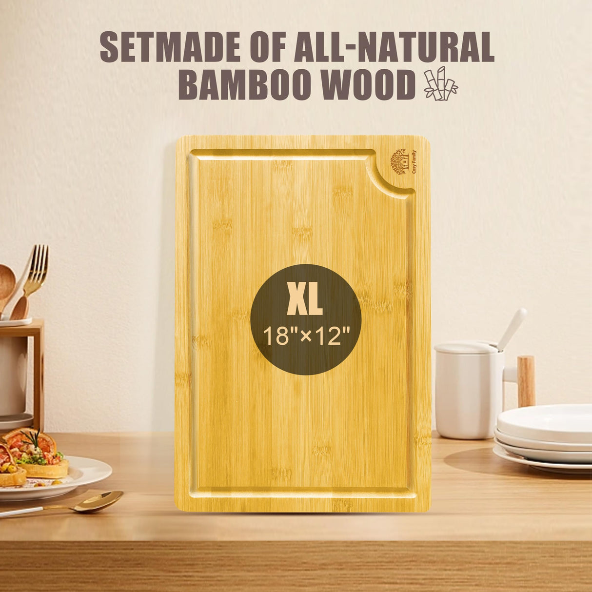 Cosy Family Wood Cutting Boards for Kitchen - XL - Bamboo Cutting Boards with Juice Groove, Serving Board Set, Thick Chopping Board for Meat, Veggies, Easy to clean Cosy Family