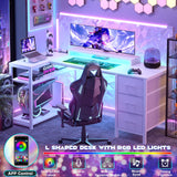 Aheaplus 53 Inch Gaming Desk with Power Outlets & LED Lights, Reversible L Shaped Computer Desk with 3 Drawers & Monitor Stand, Home Office Desk Corner Gamer Desk with Storage Shelves, White Aheaplus