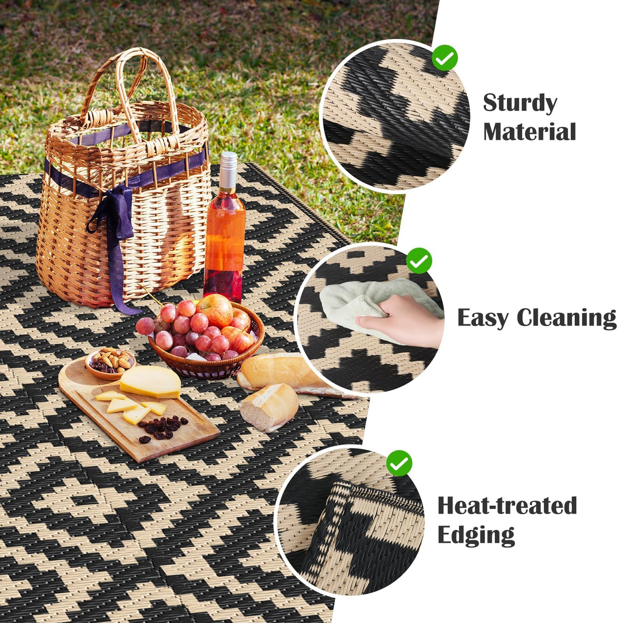 Mattitude Waterproof Outdoor Rug 5x8 Ft Outdoor Plastic Straw Rug Reversible Patio Rug Large Outdoor Carpet Area Rug for Patio Backyard Picnic Beach Camping RV Black & Beige Mattitude