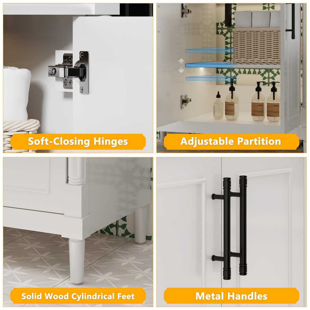 LUCKWIND 24" Bathroom Vanity with Sink Combo, Mid-Century Painted Bathroom Storage Cabinet with Cylindrical Feet, Undermount Sink and Vintage Handles, Mirror is NOT Included, White LUCKWIND