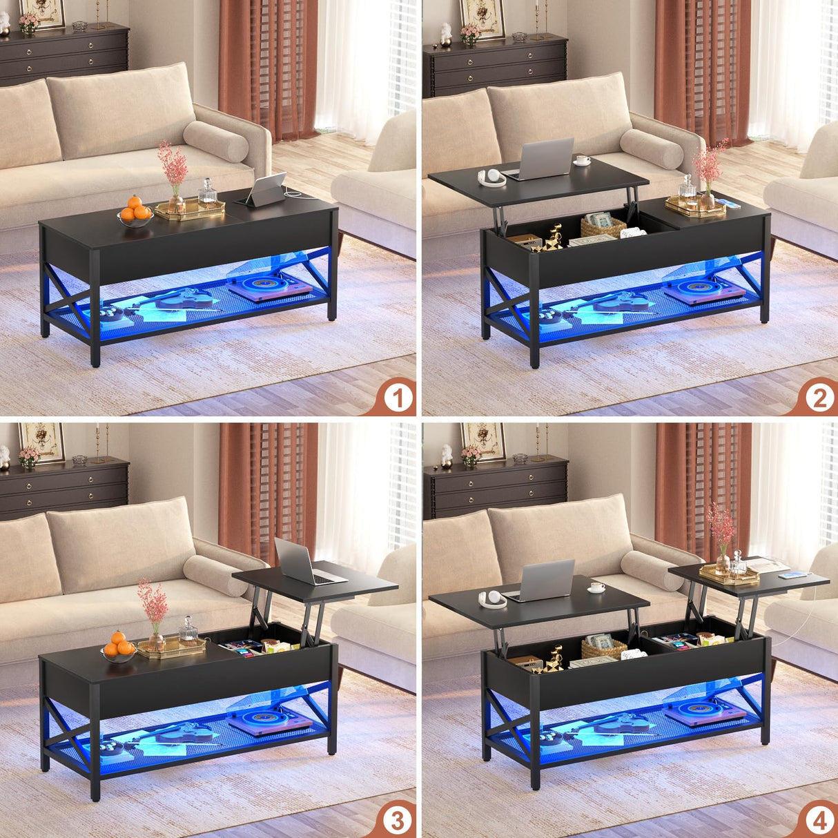 Besiost Coffee Table, Lift Top Coffee Table with Storage, LED Light & Power Outlet and Hidden Compartment, Retro Center Table for Living Room, X Support Wood Tabletop, Metal Frame,Black Besiost