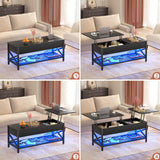 Besiost Coffee Table, Lift Top Coffee Table with Storage, LED Light & Power Outlet and Hidden Compartment, Retro Center Table for Living Room, X Support Wood Tabletop, Metal Frame,Black Besiost