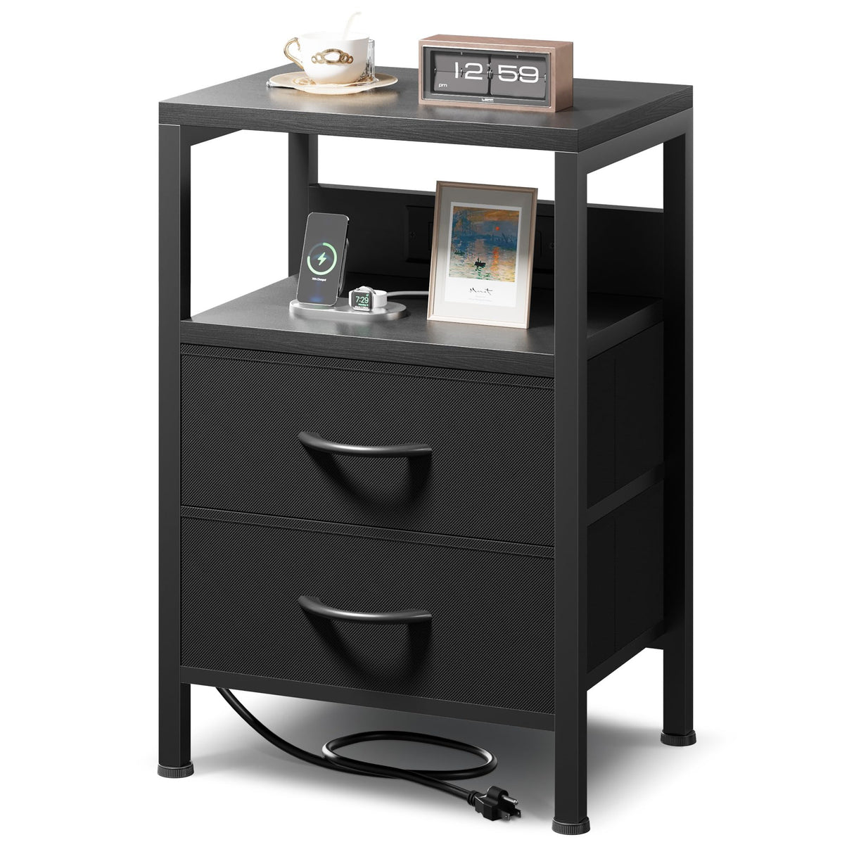 NightStand Bedside Charging Table Bedroom - Night Stand with Charger Station, Modern Nightstand with Open Shelf & 2 Fabric Drawers, Bed Side Table with USB-C USB Ports & AC Outlets for Dorm, Black Lazzanto