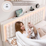 HIFIT Upholstered Full Size LED Bed Frame with Charging Station and 4 Large Storage Drawer, Velvet Button Tufted Full Platform Bed with Adjustable Headboard, No Box Spring Needed, Easy Assembly, Beige HIFIT